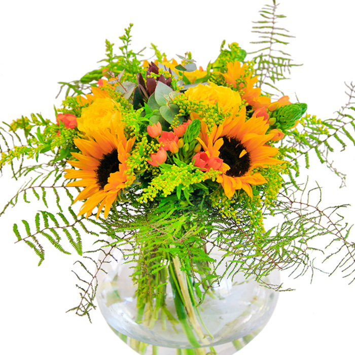 The first impression from this luxurious bouquet is one of abundant light and optimism, masterfully reflected in its design by Hemel Hempstead's local floral team. At its heart shine joyful sunflowers, their grand golden faces and deep brown centres reminiscent of those seen along the banks of the River Gade. These are intermingled with soft spirals of buttery yellow roses, their elegant blooms opening in tight, classic whorls that suggest both sophistication and warmth. Flecked throughout are clusters of shiny red Hypericum berries; they glint like precious gems, each berry providing a delightful contrast and hinting at autumn's ripening bounty in Heath Park. The arrangement's verdant base is composed of feathery fern fronds cascading gently and light green, airy sprays of filler-possibly goldenrod-dotted with tiny, brilliant yellow stars. Hints of eucalyptus in blue-grey tones peek between the leaves, lending a fresh, cool fragrance and a contemporary twist. All these elements are skillfully gathered in a perfectly clear, round glass vase, exposing the intricate jumble of stems below, echoing the artistry found in Hemel Hempstead's vibrant craft markets. The bouquet's scent is soft and sweet, conjuring images of sun-dappled fields and open skies unique to the area. Whether given to commemorate a joyful milestone or to simply bring a splash of happiness into a loved one's home, this bouquet delivers the spirit of Hemel Hempstead in every petal, carefully arranged by Flower Delivery Hemel Hempstead.