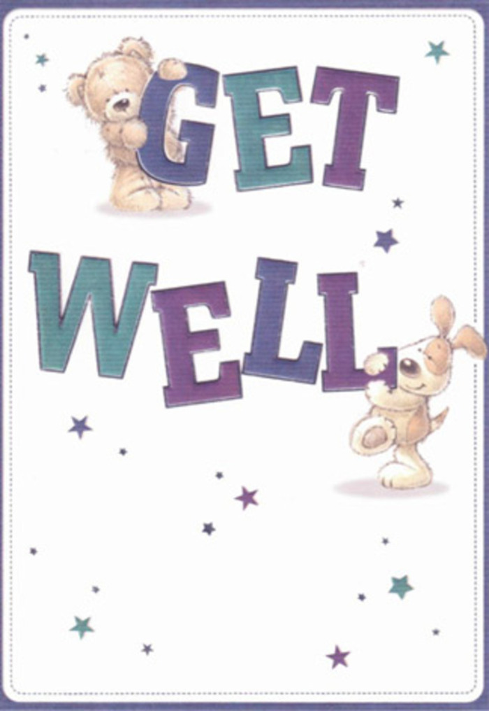 Awash with gentle encouragement, this illustrated get well card feels as restorative as a sunny walk along Hemel's Bridge Street. Two friendly characters-a plush teddy bear with inviting, golden fur and a perky puppy trailing velvety, floppy ears-are joined shoulder-to-shoulder in their mission to deliver a message of hope. Around their playful forms, cheerful stars cascade in blue and purple hues, reminiscent of freshly picked irises and violets one might find at the local market. The typography is large, confidently shaded in strong purples and shimmering aquas, anchoring the composition with joyous reassurance. The background's clean white expanse enhances the overall sense of lightness and clarity, qualities we strive for in every Flower Delivery Hemel Hempstead arrangement. You can almost sense the soft textures under your fingertips-the bear's fluff and the puppy's silken ears-each rendered so vividly as to evoke genuine warmth and comfort. Sending this card along with a locally arranged bouquet becomes a complete gesture of kindness, expressing not only a hope for wellness but a steadfast promise of caring, no matter the distance. The mood is bright, inviting, and suitable for bringing a ray of sunshine into anyone's room.