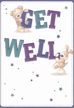 This endearing get well card perfectly encapsulates the comforting spirit of Hemel Hempstead. A snuggly teddy bear, rendered in soft shades of honey brown, lovingly grasps the top of the word 'GET', as his playful companion-a floppy-eared puppy with a knowing sparkle-leans close to the word 'WELL', both set in cheerful, bold letters shaded in swirling indigo and teal. Their shapes are gentle and rounded, exuding the kind of affection you might experience during a stroll along the Water Gardens or chatting with friends at the old town market. Glimmering stars are sprinkled across the crisp white background, their shifting blues and purples adding a hint of magic and possibility to the card, much like the quiet beauty of Hemel's evening sky. The artist's attention to detail brings a tactile softness to each character, as if their fur could be stroked like petals selected for a get well bouquet in a local Hemel Hempstead flower shop. The card's nurturing tone and thoughtful design make it a balm for loved ones recovering nearby, its message of hope and healing imbued with the same local care and expertise that defines our community. As with every bouquet, the smallest details here are meant to uplift, offering reassurance and heartfelt support.