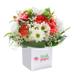 This bouquet radiates a sense of easy joy and care, much like a sunny afternoon spent near the Old Town or by the Water Gardens in Hemel Hempstead. Plump coral and red carnations, their petals exuberantly frilled, create a sense of abundance and warmth at the heart of the arrangement. Crisp white daisies, sporting lively lime-green centres, add a note of playful brightness among the blooms, while baby's breath drifts gently throughout, its cloud-like clusters enhancing the ensemble's lightness. Touches of purple-tinged buds peek from the left, inviting curiosity and hinting at hidden blooms yet to open. A ring of deep green, glossy leaves supports the bouquet, presenting a natural elegance that resonates with Hemel's leafy parks and greenways. Sat proudly within a clean white square gift bag, its handles ready for a local doorstep delivery, the whole arrangement is set against a stark white backcloth-the effect both modern and uplifting. This carefully composed piece is perfect for commemorating special milestones, brightening a friend's day, or celebrating the everyday wonders of life in Hemel Hempstead, every stem selected with the steady hands and local insight of an expert florist.