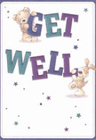 This delightfully illustrated get well card captures the optimistic spirit surrounding Hemel Hempstead's leafy neighborhoods. Two lovable friends-a teddy bear with impossibly soft-looking fur and an eager, floppy-eared puppy-leap from the creamy backdrop, balancing bold, colourful letters that spell 'Get Well'. The vibrant hues of indigo, aqua, and teal infuse the lettering with a positive, uplifting energy, while a scattering of twinkling stars in shades of blue and purple add a whimsical, hopeful touch. Each character's expressive face and plush texture invite a sense of comfort, as if their embrace could soothe worries away, much like the feeling of holding a freshly picked bouquet from a local florist on St Albans Hill. The illustration's careful craftsmanship exudes genuine warmth-offering not just a healing message, but a tactile sense of care perfect for anyone on the road to recovery in Hemel. The card's overall mood is gentle, reassuring, and filled with the quiet optimism that defines the community, making it an ideal companion to a hand-delivered floral gift.